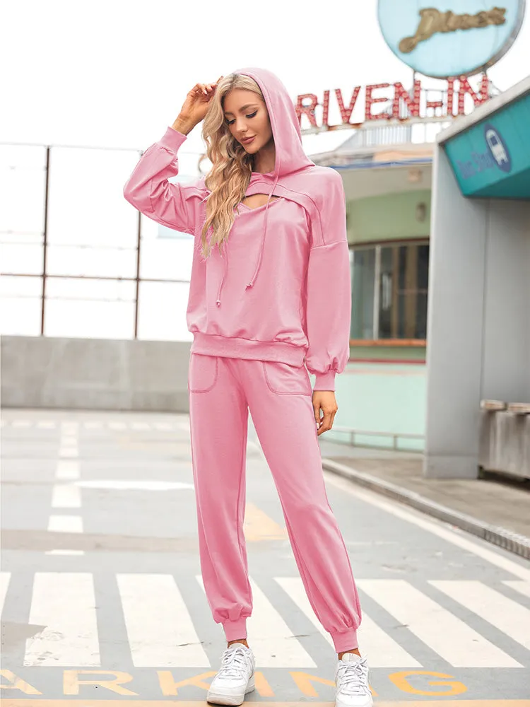 Womens Long Sleeve Cutout Hoodies and Drawstring Pants Tracksuit Lounge Set with Pockets