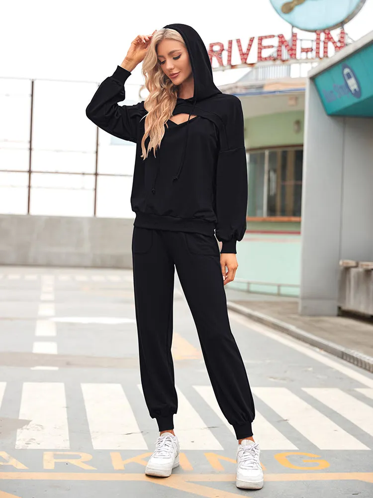 Womens Long Sleeve Cutout Hoodies and Drawstring Pants Tracksuit Lounge Set with Pockets