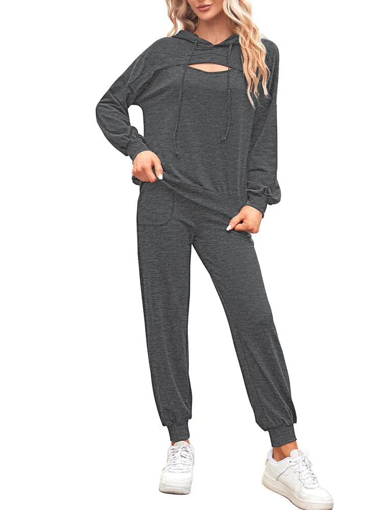 Womens Long Sleeve Cutout Hoodies and Drawstring Pants Tracksuit Lounge Set with Pockets