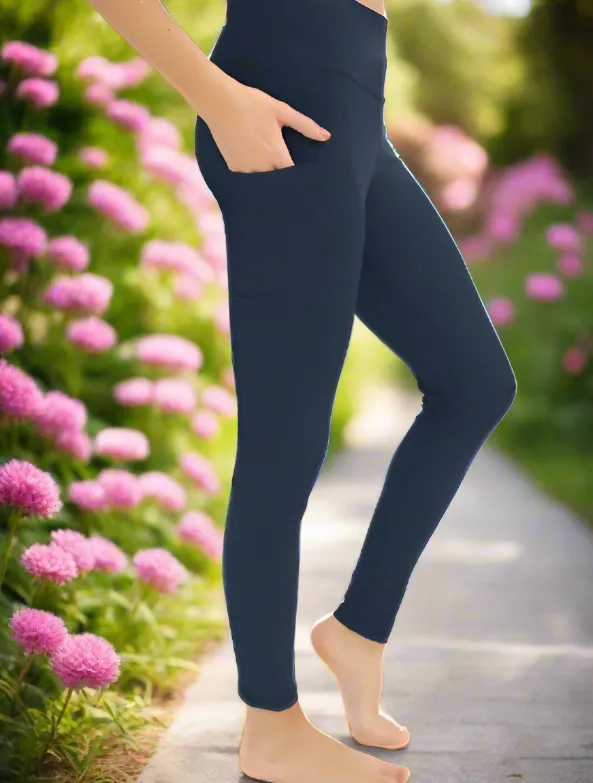 Womens Navy Blue Pocket Leggings, Soft Yoga Pants, Sizes OS/TC, Yoga Waist, Exclusive Leggings