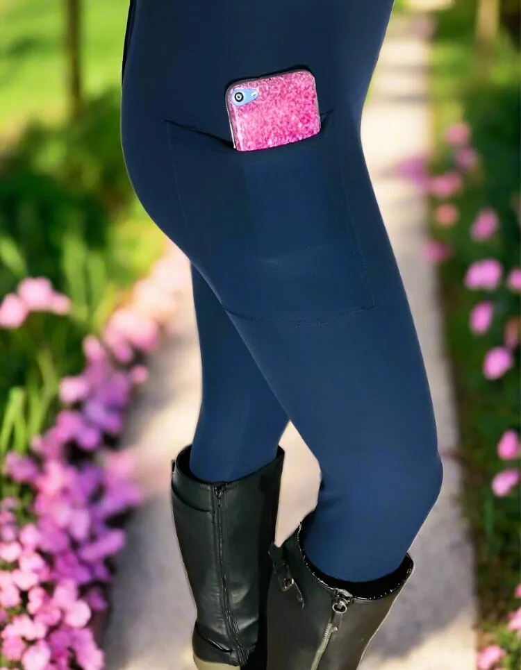 Womens Navy Blue Pocket Leggings, Soft Yoga Pants, Sizes OS/TC, Yoga Waist, Exclusive Leggings