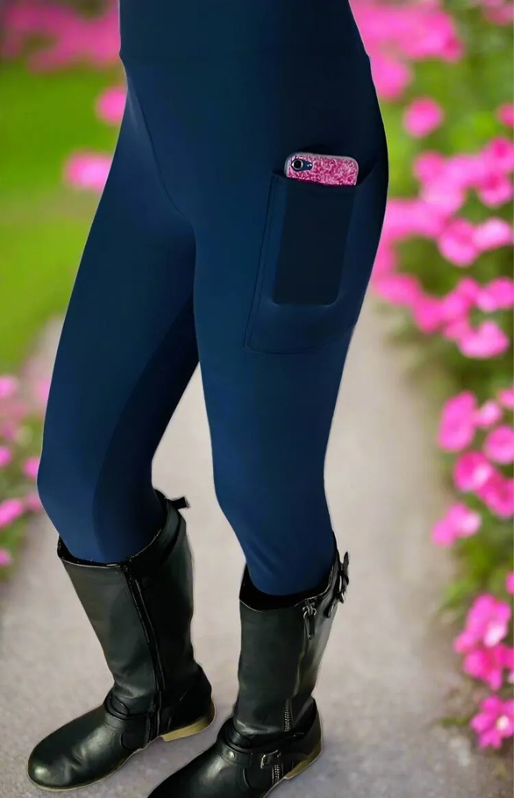 Womens Navy Blue Pocket Leggings, Soft Yoga Pants, Sizes OS/TC, Yoga Waist, Exclusive Leggings