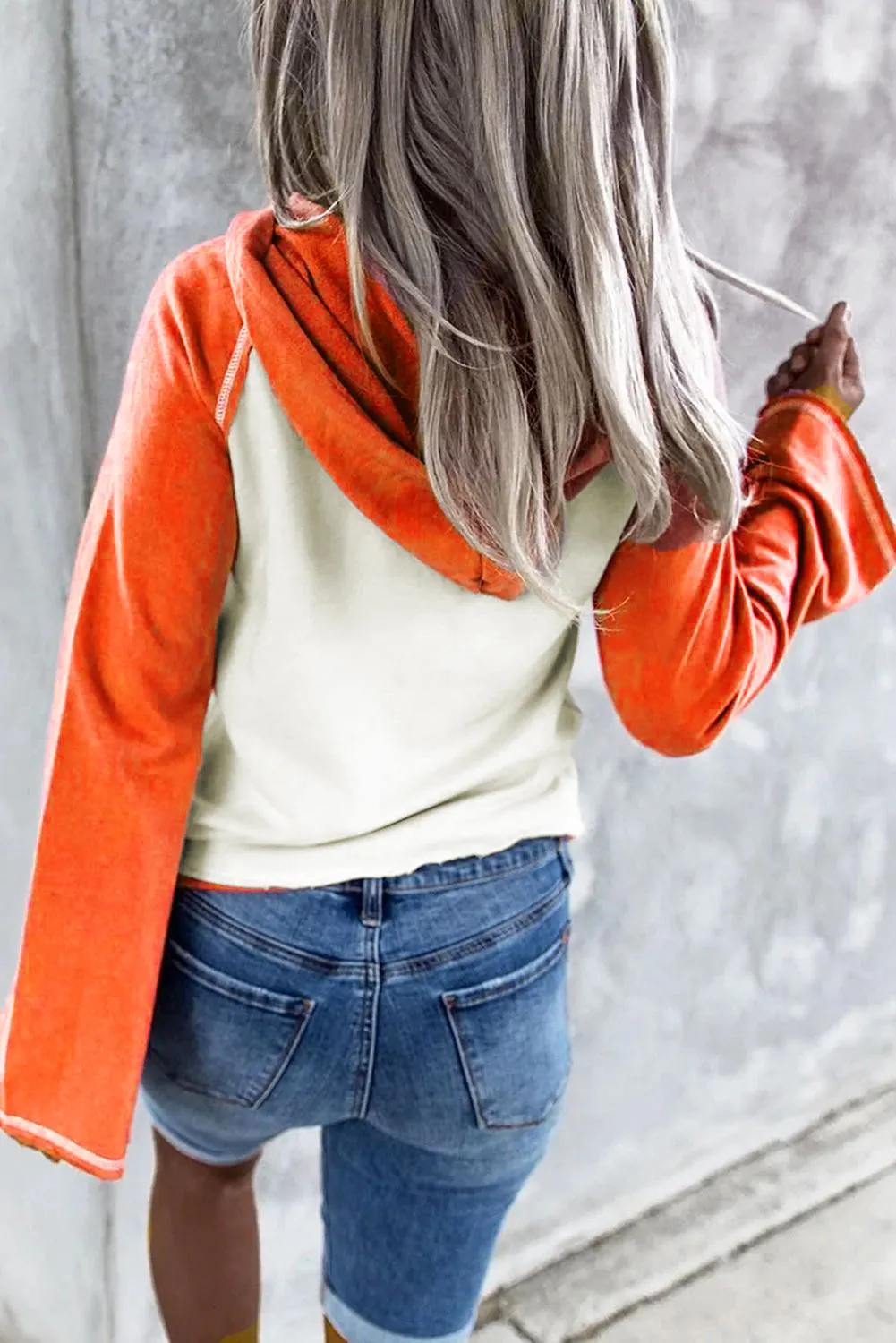 Women's Orange Patchwork Drawstring Hoodie with Kangaroo Pocket