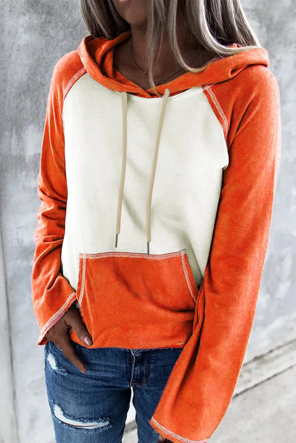 Women's Orange Patchwork Drawstring Hoodie with Kangaroo Pocket