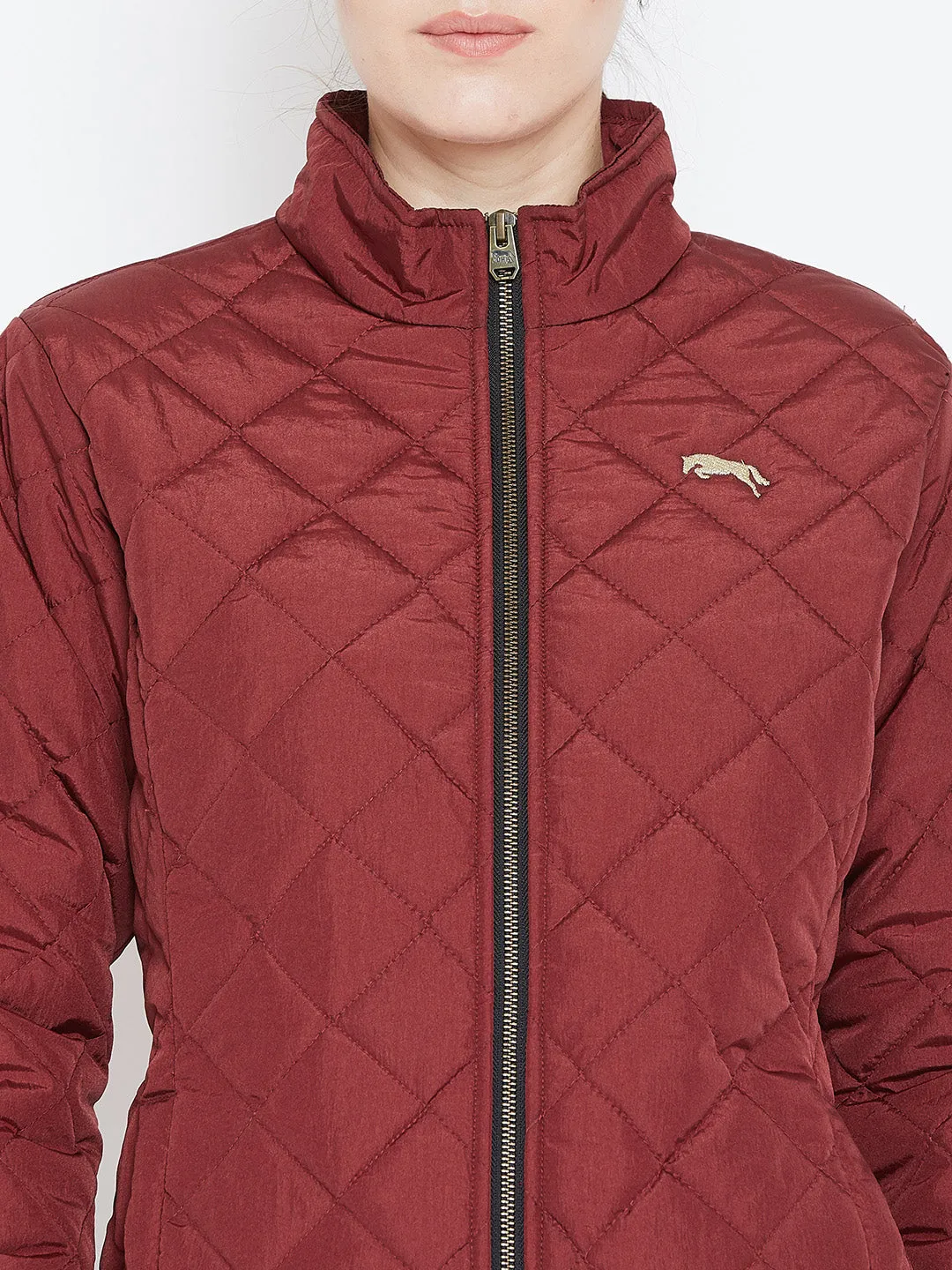 Womens Solid Ec Red Quilted Jacket