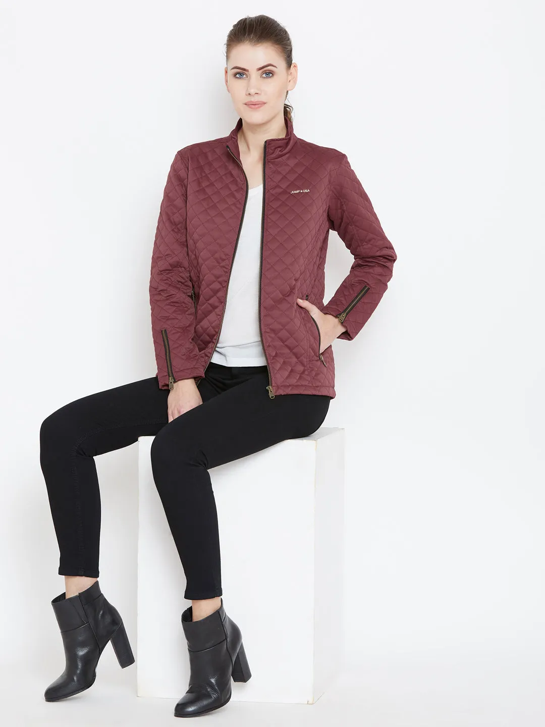 Womens Solid Wine Quilted Jacket