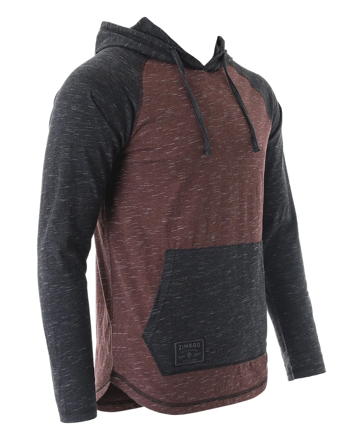 ZIMEGO Long Sleeve Raglan Henley Round Bottom Hood T-Shirts - MAROON / BLACK